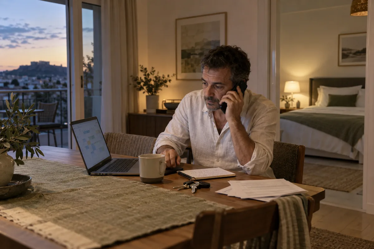 Ιδιοκτήτης στο τηλέφωνο, ενώ οργανώνει κρατήσεις στον υπολογιστή του